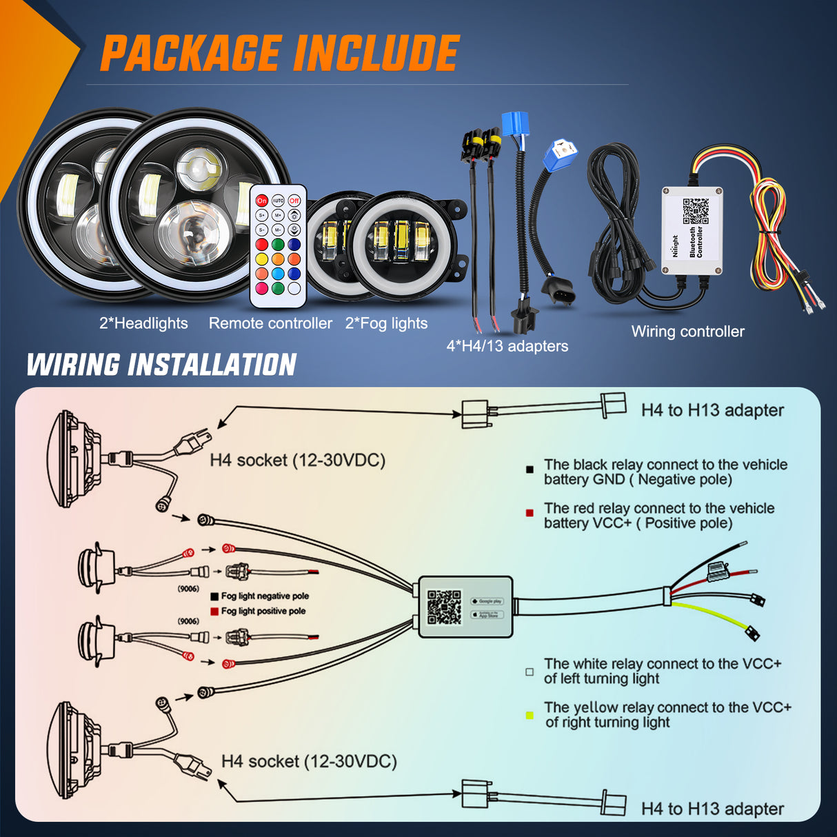 Headlight Assembly 7 Inch RGB LED Headlight and 4 Inchs Fog Light w/Turn Signal APP Remote Control Round Headlights Compatible with 2007 2008 2009 2010 2011 2012 2013 2014 2015 2016 2017 2018 Wrangler JK JKU