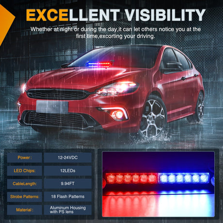 Nilight 12LED Traffic Advisor Strobe Light Bar Red Blue Emergency Warning Hazard Safety Dash Front/Rear Windshield Flashing Lights for Cars Trucks Police Firefighter Plow Construction Vehicles