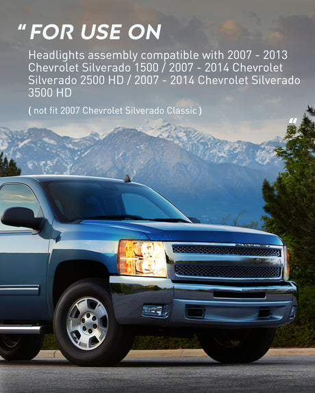 Nilight Headlight Assembly Compatible with 2007 2008 2009 2010 2011 2012 2013 Silverado 1500 2014 2500HD 3500HD Replacement Chrome Housing Amber Reflector