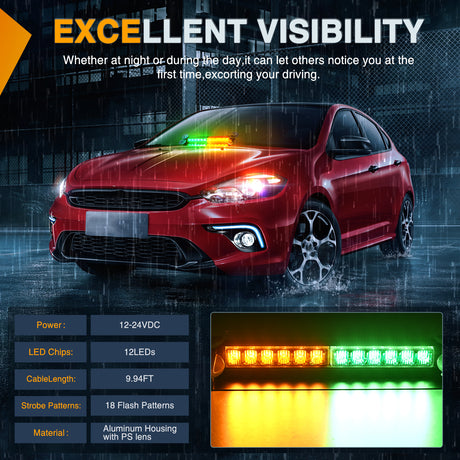 Nilight 12LED Traffic Advisor Strobe Light Bar Amber Green Emergency Warning Hazard Safety Dash Front/Rear Windshield Flashing Lights for Cars Trucks Police Firefighter Plow Construction Vehicles
