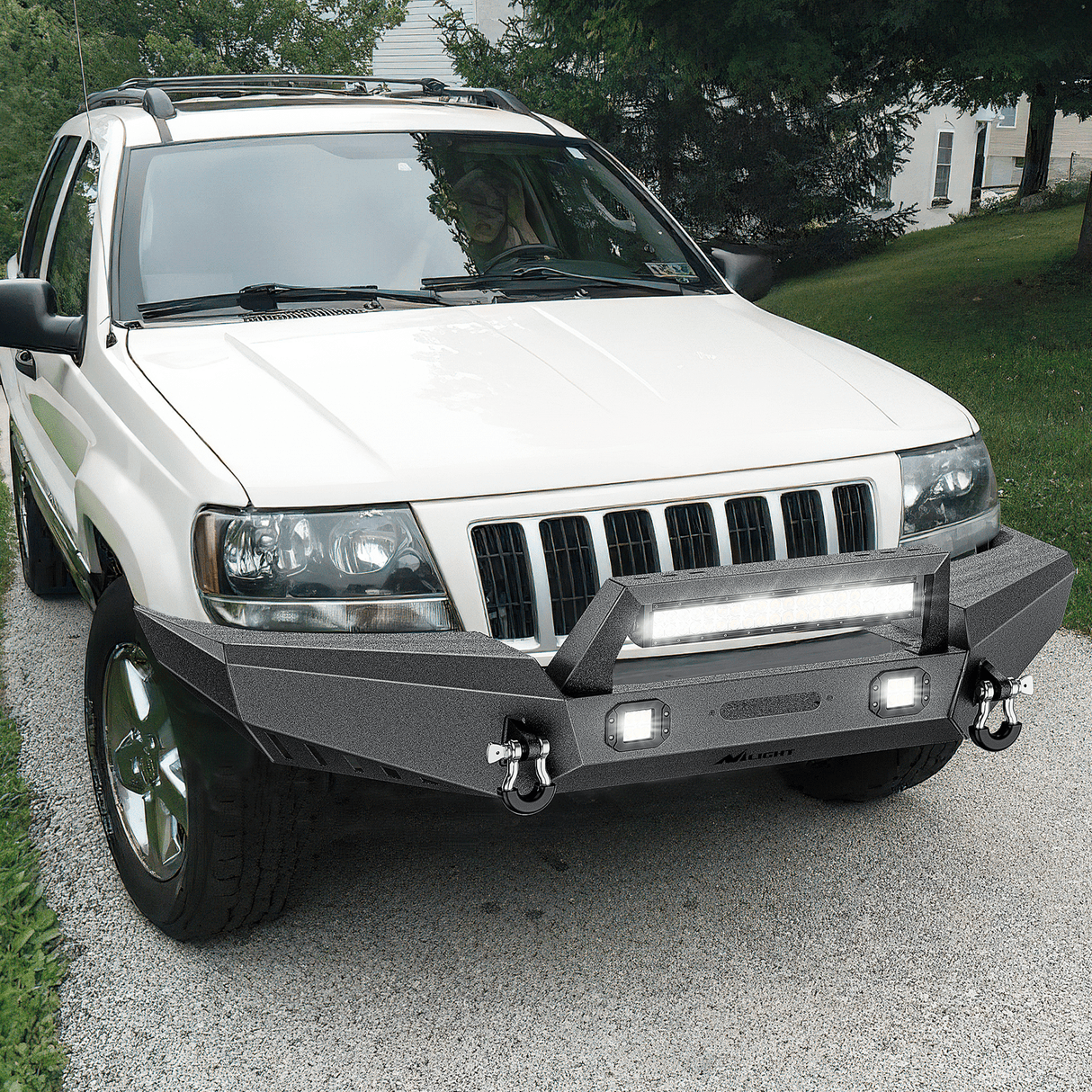 Front Bumper 1999 2000 2001 2002 2003 2004 Jeep Grand Cherokee WJ Front Bumper Winch Plate Offroad 120W Light Bar 18W Light Pods