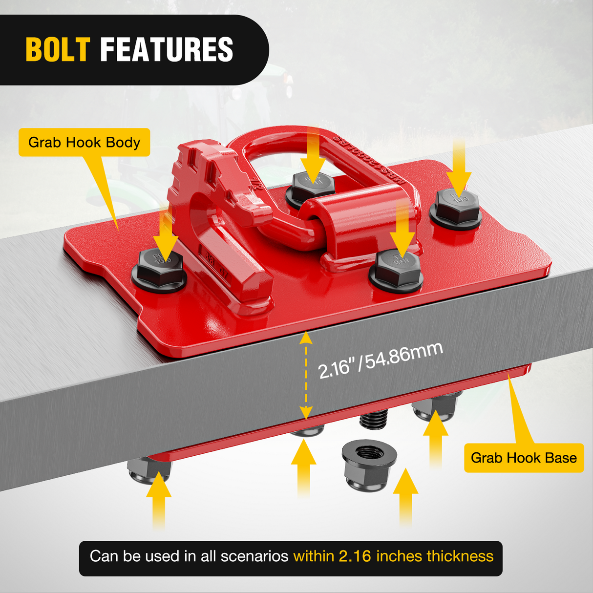 Nilight 2PCS Tractor Bucket Hooks with Tie Down Ring, Bolt-On Grab Hook with Back Plates Compatible with Trailer RV UTV Truck, Grade 70 Grade Forged Steel Max 15000 lbs, Red