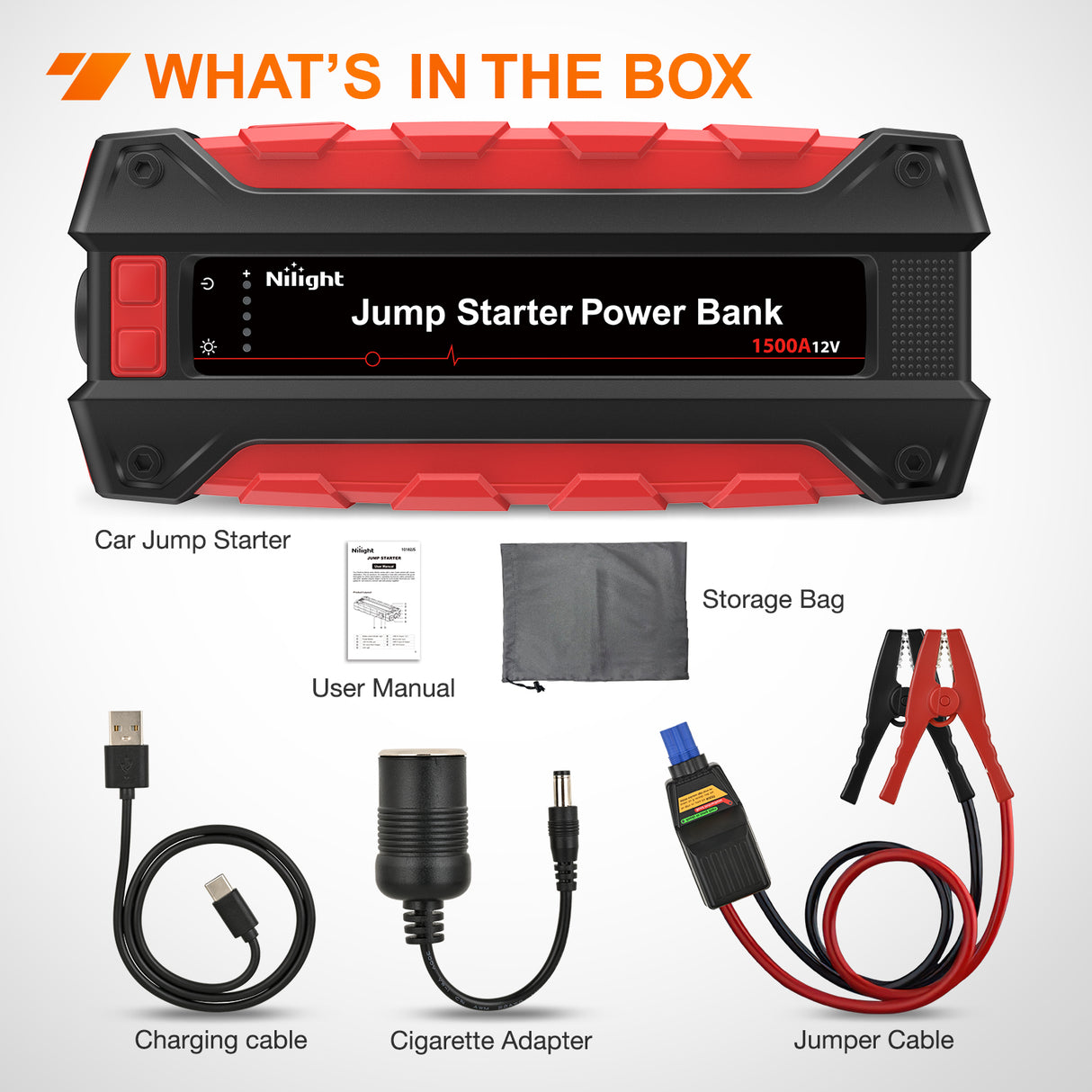 1500A Car Battery Jump Starter for Up to 7.0L Gas & 5.5L Diesel Engines 12V Portable Jump Start Booster Pack Jump Box with Jumper Cables DC Output and LED Light