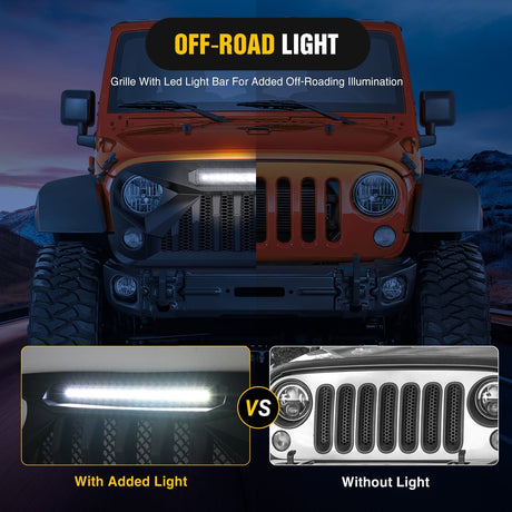 Front Bumper Front Bumper Grill Cover for 2007 2008 2009 2010 2011 2012 2013 2014 2015 2016 2017 2018 Wrangler JK/JKU Rubicon, & Sahara Sport with LED Work Light Pods Matte Black