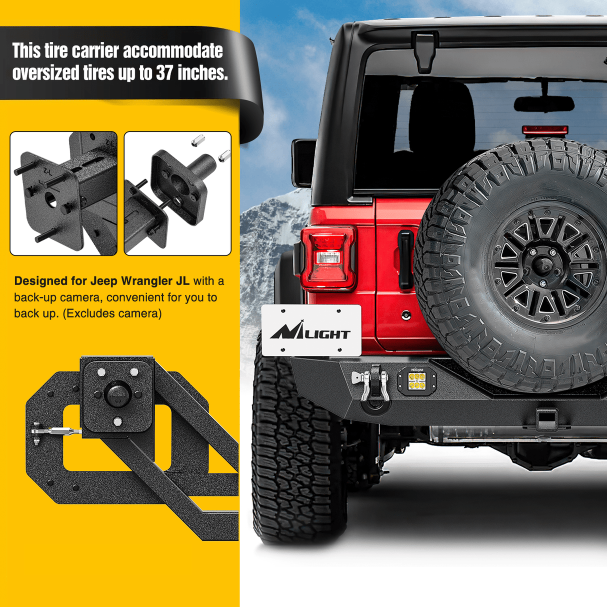 Front Bumper 2018 2019 2020 2021 2022 2023 2024 Jeep Wrangler JL JLU Unlimited (2/4 Doors) Rear Bumper Spare Tire Carrier 2inch Hitch Receiver License Plate Bracket 2 LED Lights D-rings
