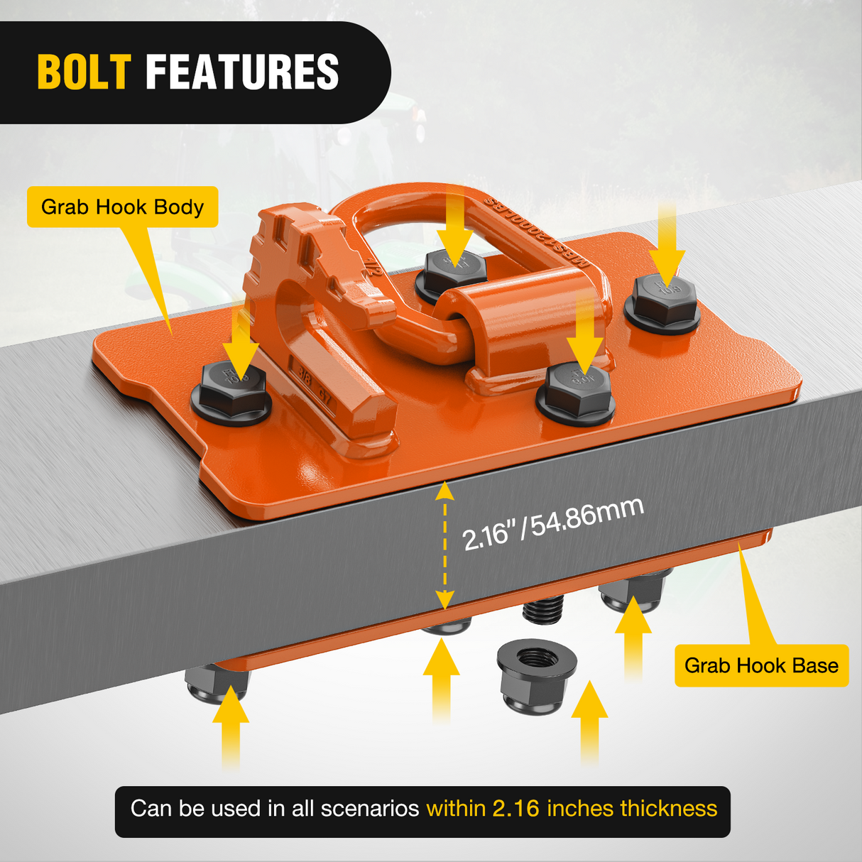 Nilight 2PCS Tractor Bucket Hooks with Tie Down Ring, Bolt-On Grab Hook with Back Plates Compatible with Trailer RV UTV Truck, Grade 70 Grade Forged Steel Max 15000 lbs, Orange