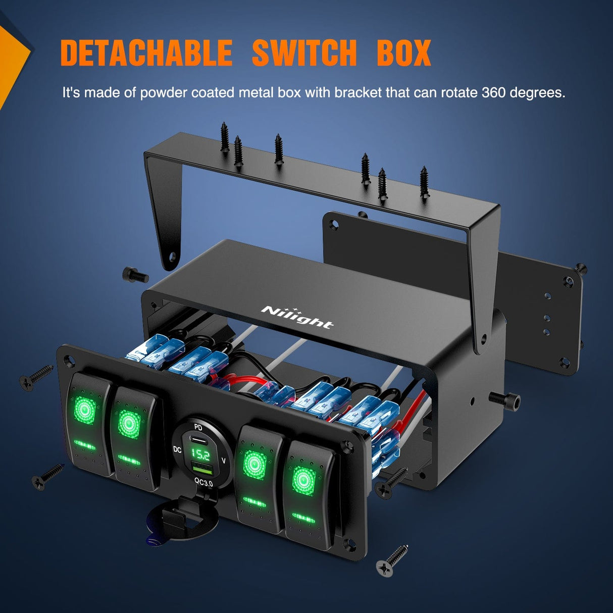 4Gang Aluminum ON/Off Rocker Switch Box w/ QC 3.0 Dual USB Charger Voltmeter