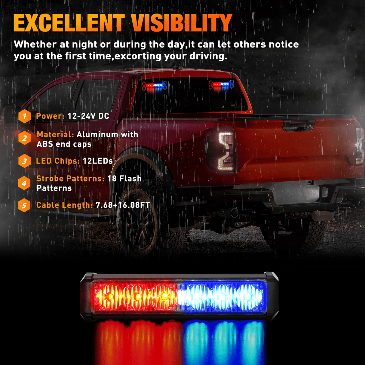 Nilight 12LED Emergency Strobe Traffic Advisor Light Bar 2 in 1 Red Blue Dash Warning Safety Flashing Lights Front/Rear Windshield Construction Lights for Trucks Cars Plow Police Firefighter Vehicles