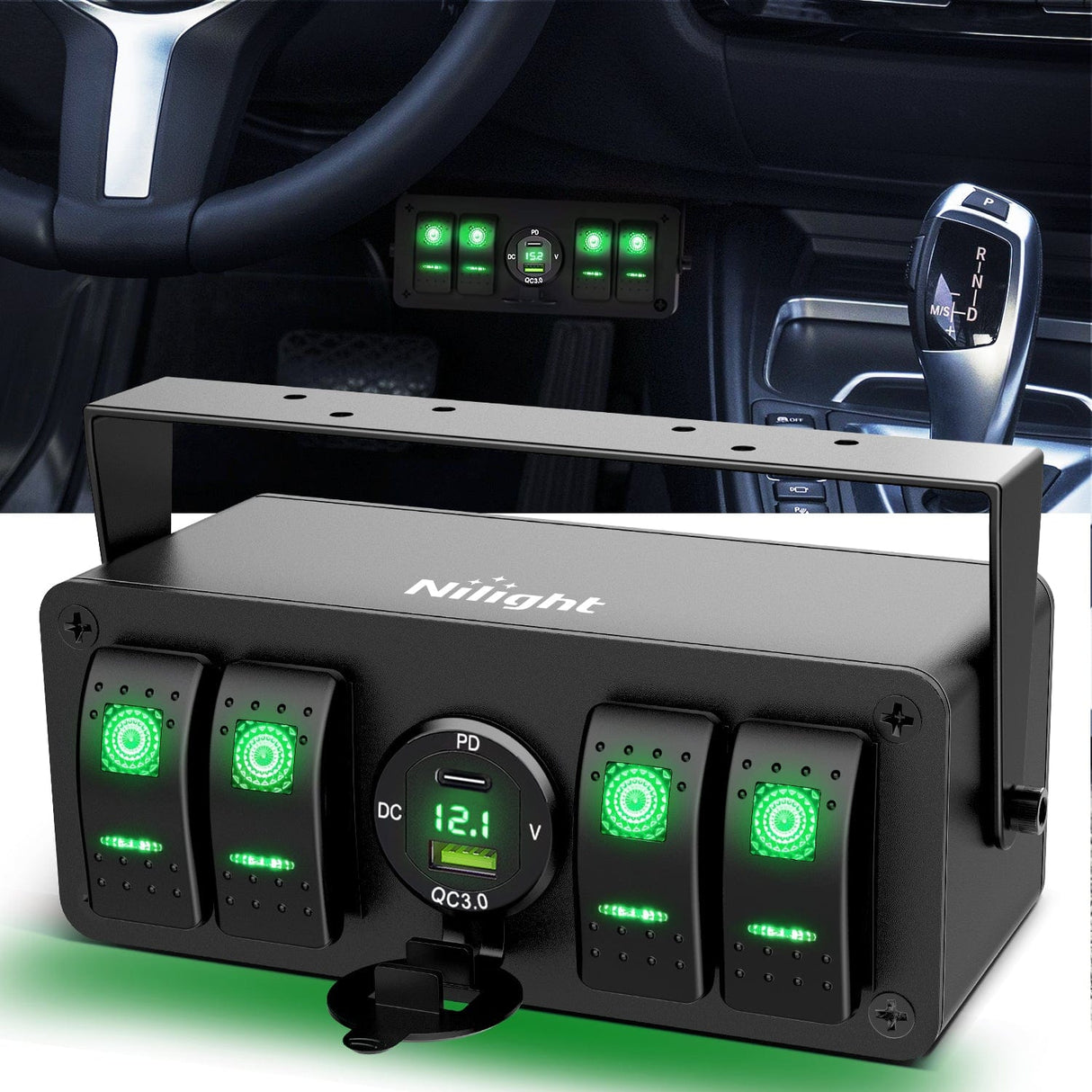 4Gang Aluminum ON/Off Rocker Switch Box w/ QC 3.0 Dual USB Charger Voltmeter
