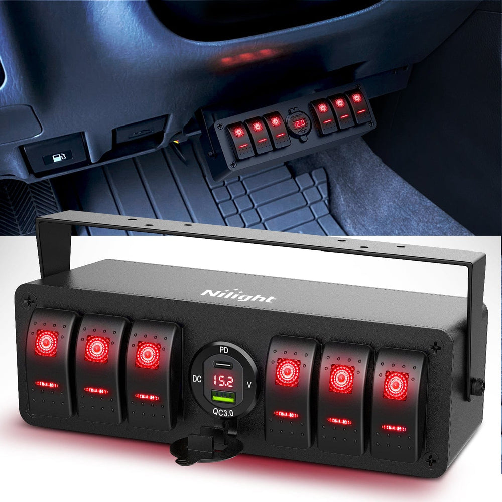 Rocker Switch 6Gang Aluminum ON/Off Rocker Switch Box w/ QC 3.0 Dual USB Charger Voltmeter with Red Backlit