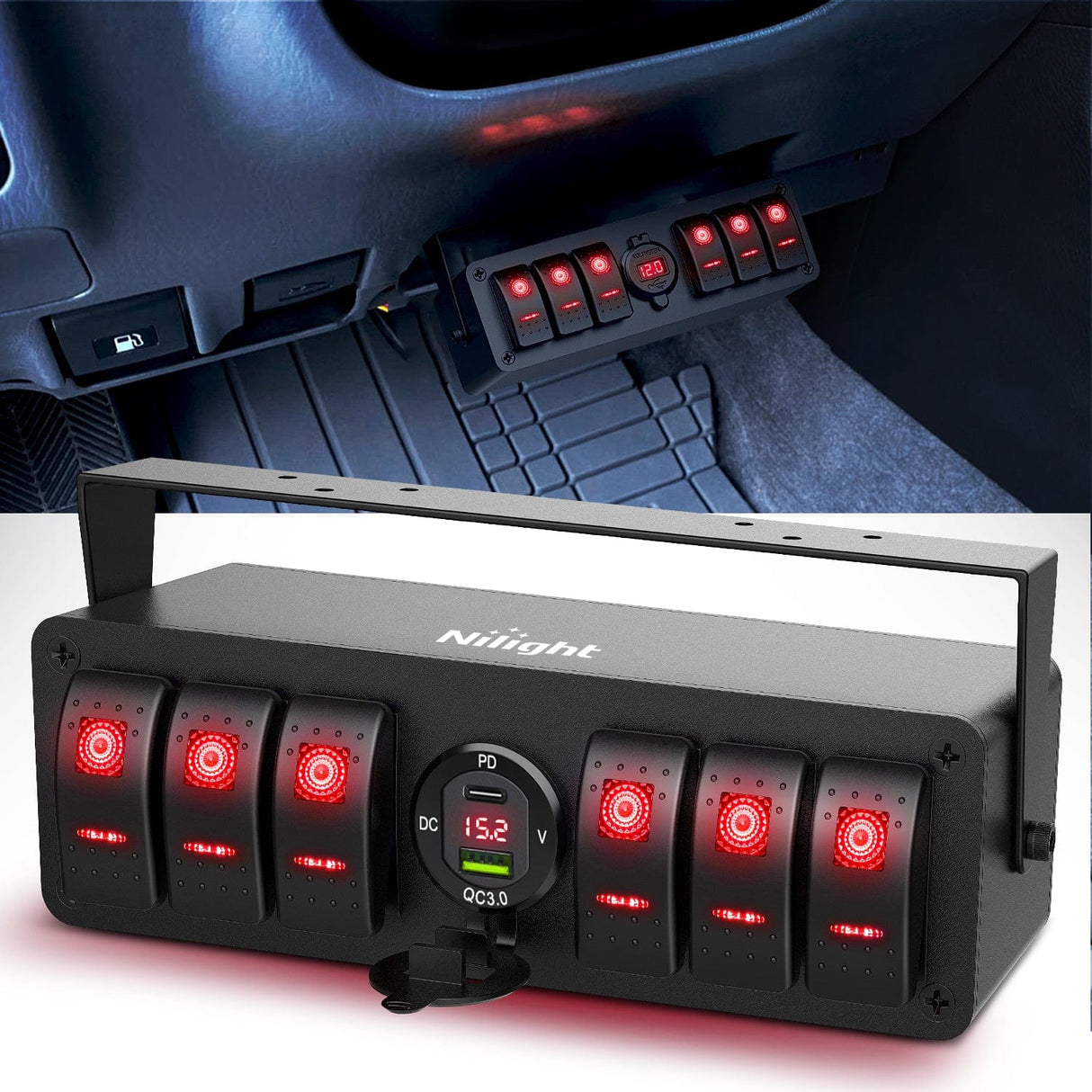 6Gang Aluminum ON/Off Rocker Switch Box w/ QC 3.0 Dual USB Charger Voltmeter with Red Backlit Nilight