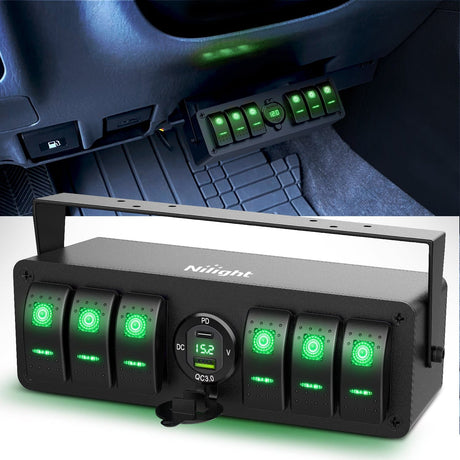 6Gang Aluminum ON/Off Rocker Switch Box w/ QC 3.0 Dual USB Charger Voltmeter Nilight