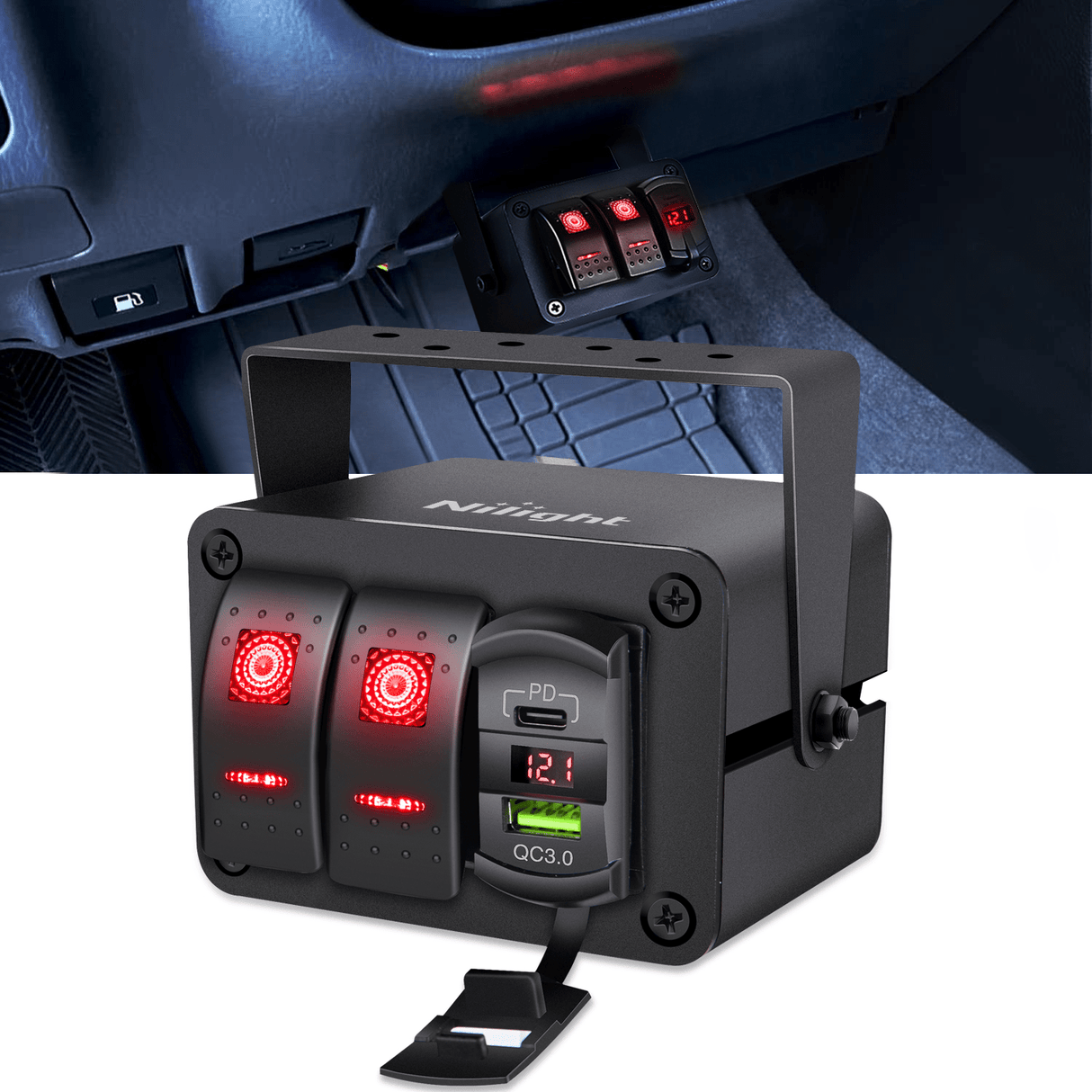 Nilight 2 Gang Rocker Switch Box 12V SPST ON Off Toggle Switches PD Type C and QC 3.0 USB Charger Voltmeter LED Light Waterproof Aluminum Mount Bracket Panel DIY Stickers for Boat Car RV Truck