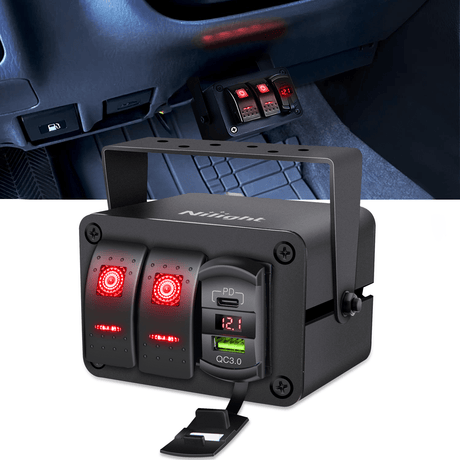 Nilight 2 Gang Rocker Switch Box 12V SPST ON Off Toggle Switches PD Type C and QC 3.0 USB Charger Voltmeter LED Light Waterproof Aluminum Mount Bracket Panel DIY Stickers for Boat Car RV Truck