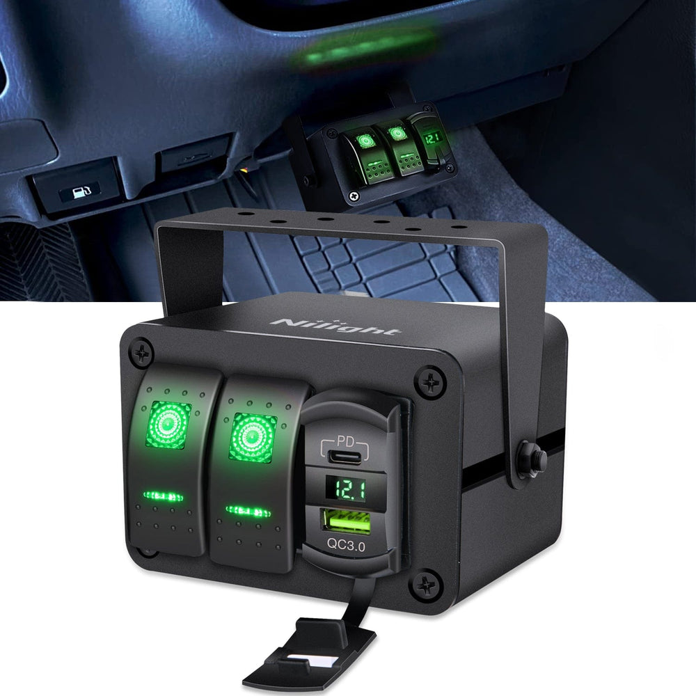 Rocker Switch 2Gang Aluminum ON/Off Rocker Switch Box w/ QC 3.0 Dual USB Charger Voltmeter with Green Backlit