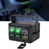 2Gang Aluminum ON/Off Rocker Switch Box w/ QC 3.0 Dual USB Charger Voltmeter with Green Backlit Nilight