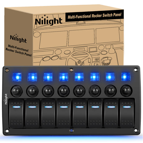 Nilight 8 Gang Rocker Switch Panel Waterproof Pre-Wired Marine with Resettable Circuit Breaker LED Backlight 5A 10A 15A Breakers 12V 24V ON Off 3 PIN Toggle Switches for Car Truck Boat RV