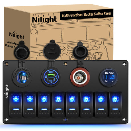 Nilight 8 Gang Rocker Switch Panel Waterproof Aluminum Marine with PD Type C & USB Charger Cigarette Lighter Socket Voltmeter Inline Fuse 12V 24V ON Off Pre-Wired Switches for Car Truck Boat