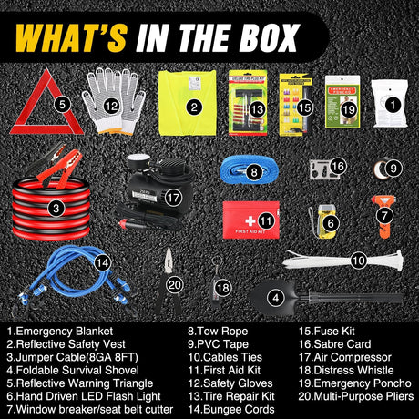 Car Emergency Kit with Jumper Cable Air Compressor Tire Repair Essential Tools First Aid Alligator Connector Electrical Kit for Travel Camping Outdoor Cars Truck SUV RV