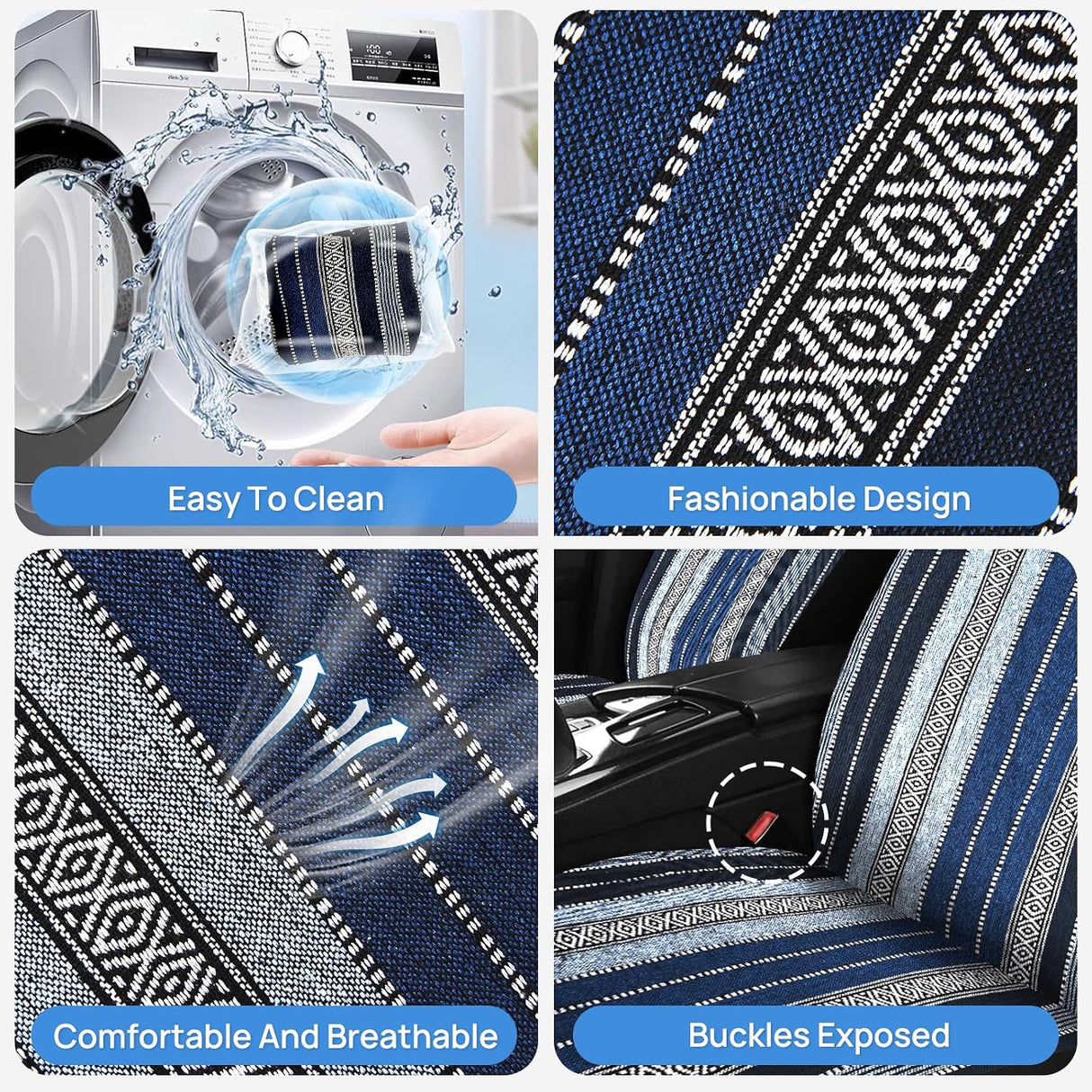 Car Seat Covers 2PCS Blue Baja Blanket Universal Front Seats | Striped Woven Fabric Breathable Washable with Shoulder Pads Airbag Compatible Fits Cars SUVs Trucks
