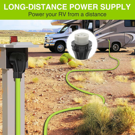 50FT 50 Amp RV Locking Extension Cord 250V Heavy Duty 6/3+8/1 Gauge Pure Copper STW Wire UL ETL Listed 4 Prong 14-50P SS2-50R Weatherproof Suit for Camper Caravan Trailer Bright Green