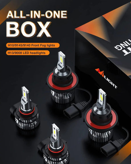 LED Headlight H13/9008 LED Headlight Bulbs | H10/9145/9140 Fog Light Bulbs Combo E20 Series 6000K IP67 | 4 BULBS