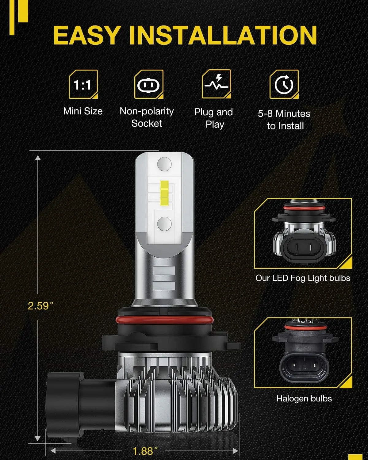 LED Headlight H10/9145/9140 LED Fog Light Bulbs EF1 Series DRL 80W 4000LM 6000K | 2 BULBS