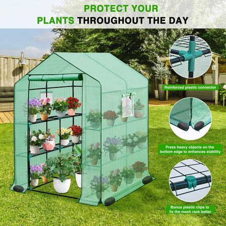 Greenhouse 57.5 Inchx57 Inchx77 Inch Walk in Green House - Large Outdoor/Indoor Greenhouses with 8 Shelves Waterproof PE Cover & Windows, Portable Greenhouse Kit for Winter Backyard Gardening Patio, Green