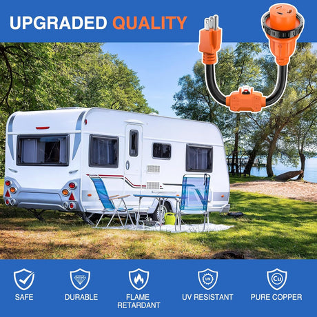 RV Locking Adapter Cord with Circuit Breaker Overload Protector 15 Amp to 30 Amp Plug 110V Electrical 10 Gauge Wire ETL Listed 5-15P to L5-30R 15M/30F Weatherproof for RV Camper Caravan Van