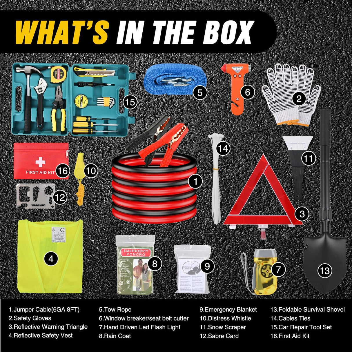 Car Emergency Kit with Jumper Cable Air Compressor Tire Repair Essential Tools First Aid Alligator Connector Electrical Kit for Travel Camping Outdoor Cars Truck SUV RV
