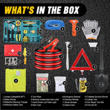 Car Emergency Kit with Jumper Cable Air Compressor Tire Repair Essential Tools First Aid Alligator Connector Electrical Kit for Travel Camping Outdoor Cars Truck SUV RV