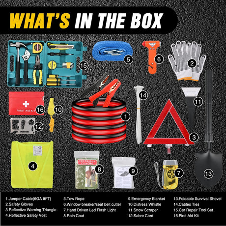 Car Emergency Kit with Jumper Cable Air Compressor Tire Repair Essential Tools First Aid Alligator Connector Electrical Kit for Travel Camping Outdoor Cars Truck SUV RV