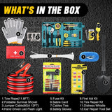 Car Emergency Kit with Jumper Cable Air Compressor Tire Repair Essential Tools First Aid Alligator Connector Electrical Kit for Travel Camping Outdoor Cars Truck SUV RV