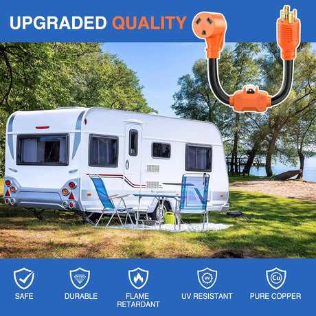 RV Generator Adapter Cord with Circuit Breaker Overload Protector 30 Amp to 30Amp 4-Prong Twist Lock Plug 10 Gauge Wire ETL Listed L14-30P to TT-30R 30M/30F for RVs Camper Caravan Van Trailer