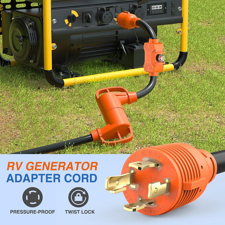 RV Generator Adapter Cord with Circuit Breaker Overload Protector 30 Amp to 30Amp 4-Prong Twist Lock Plug 10 Gauge Wire ETL Listed L14-30P to TT-30R 30M/30F for RVs Camper Caravan Van Trailer