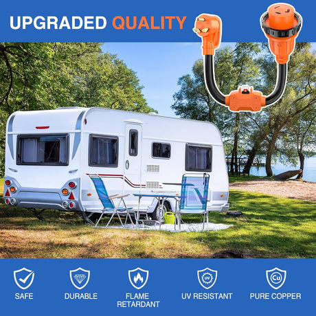 RV Locking Adapter Cord with Circuit Breaker Overload Protector 30 Amp to 30Amp Plug 110V Electrical 10 Gauge Wire ETL Listed TT-30P to L5-30R 30M/30F Weatherproof for RV Camper Caravan Van