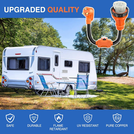 RV Locking Adapter Cord with Circuit Breaker Overload Protector 30 Amp to 50Amp Dogbone Plug 10 Gauge Wire ETL Listed TT-30P to SS2-50R 30M/50F Weatherproof for RVs Camper Caravan Van Trailer