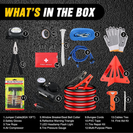 Car Emergency Kit with Jumper Cable Air Compressor Tire Repair Essential Tools First Aid Alligator Connector Electrical Kit for Travel Camping Outdoor Cars Truck SUV RV