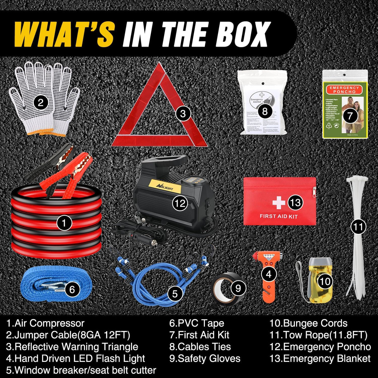 Car Emergency Kit with Jumper Cable Air Compressor Tire Repair Essential Tools First Aid Alligator Connector Electrical Kit for Travel Camping Outdoor Cars Truck SUV RV