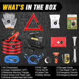 Car Emergency Kit with Jumper Cable Air Compressor Tire Repair Essential Tools First Aid Alligator Connector Electrical Kit for Travel Camping Outdoor Cars Truck SUV RV