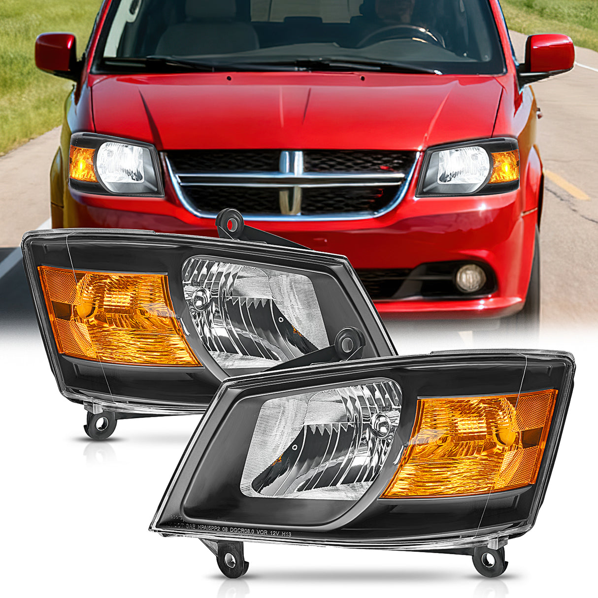 Nilight 2008 2009 2010 Dodge Grand Caravan Headlight Assembly Black Case Amber Reflector
