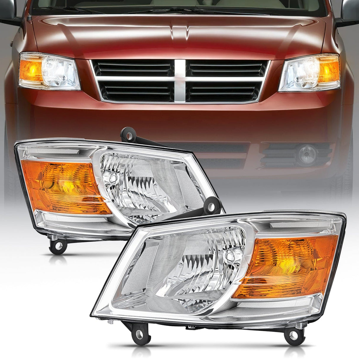 2008-2010 Dodge Grand Caravan Headlight Assembly Chrome Case Amber Reflector Nilight
