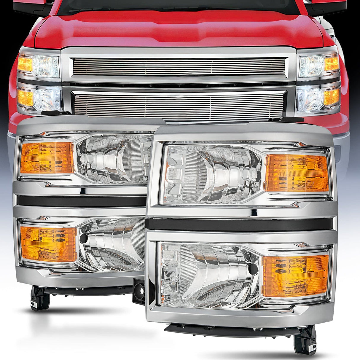 2014 2015 Chevy Silverado 1500 Headlight Assembly Chrome Housing Amber Reflector Nilight