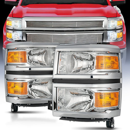 2014 2015 Chevy Silverado 1500 Headlight Assembly Chrome Housing Amber Reflector Nilight