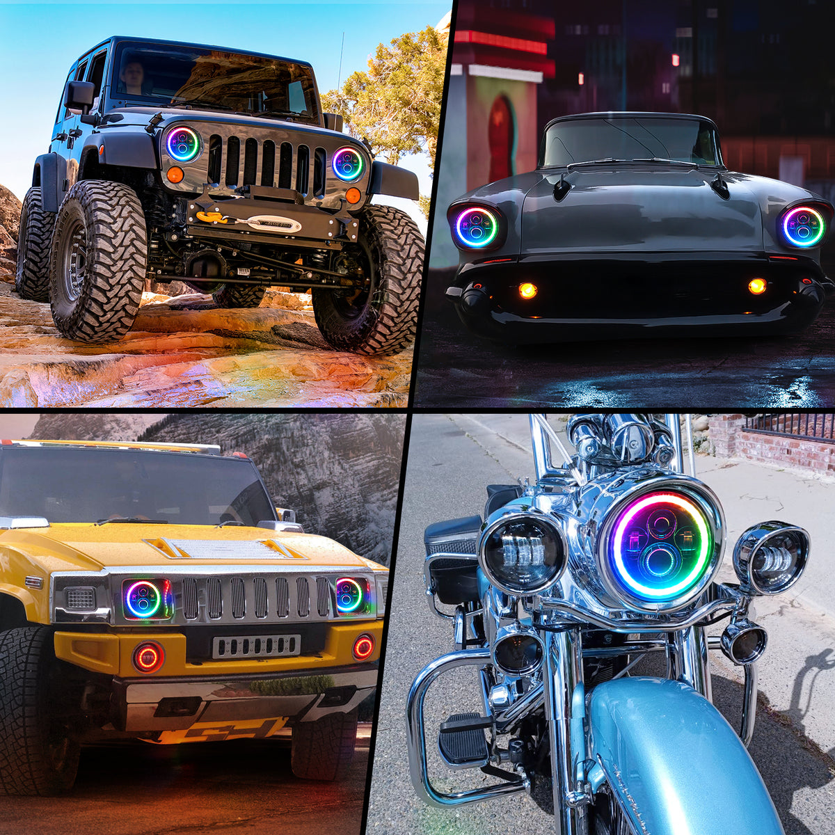 7-Inch RGB LED Headlights with Amber Turn Signal, Remote Control, High/Low Beam, Compatible with Jeep Wrangler JK JKU 2007–2015