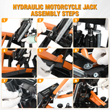 Motorcycle Lift Jack 1500 LBS Hydraulic Lifts ATV Scissor Jacks with Wheel Foot Pedal Handle Ratchet Belt Heavy Duty Lifter Stand Hoist Table for Dirt Bike Garage Storage Repair Tool,Orange