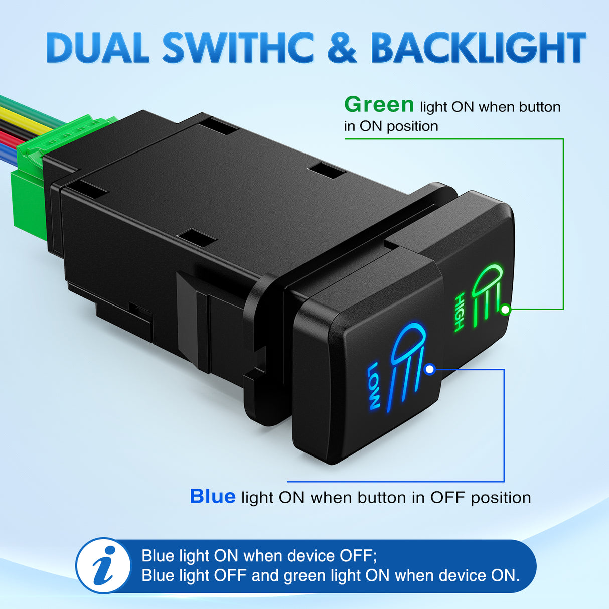 Nilight High Beam & Low Beam Dual Push Button Switch 12V ON Off Switches with Connector Wire Kit 1.54 Inchx 0.83 Inch Replacement for Toyota Tacoma Tundra 4Runner FJ Cruiser Hilux Fortuner