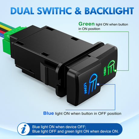 Nilight High Beam & Low Beam Dual Push Button Switch 12V ON Off Switches with Connector Wire Kit 1.54 Inchx 0.83 Inch Replacement for Toyota Tacoma Tundra 4Runner FJ Cruiser Hilux Fortuner
