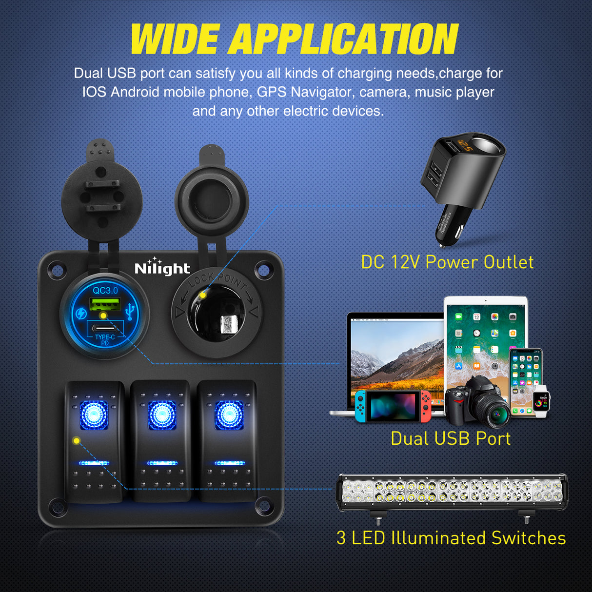 Nilight 3 Gang Rocker Switch Panel Pre-Wired Aluminum with PD Type C and USB Cigarette Lighter Socket Night Glow Stickers 12V 24V ON Off Switches for Car Trucks Boats RVs