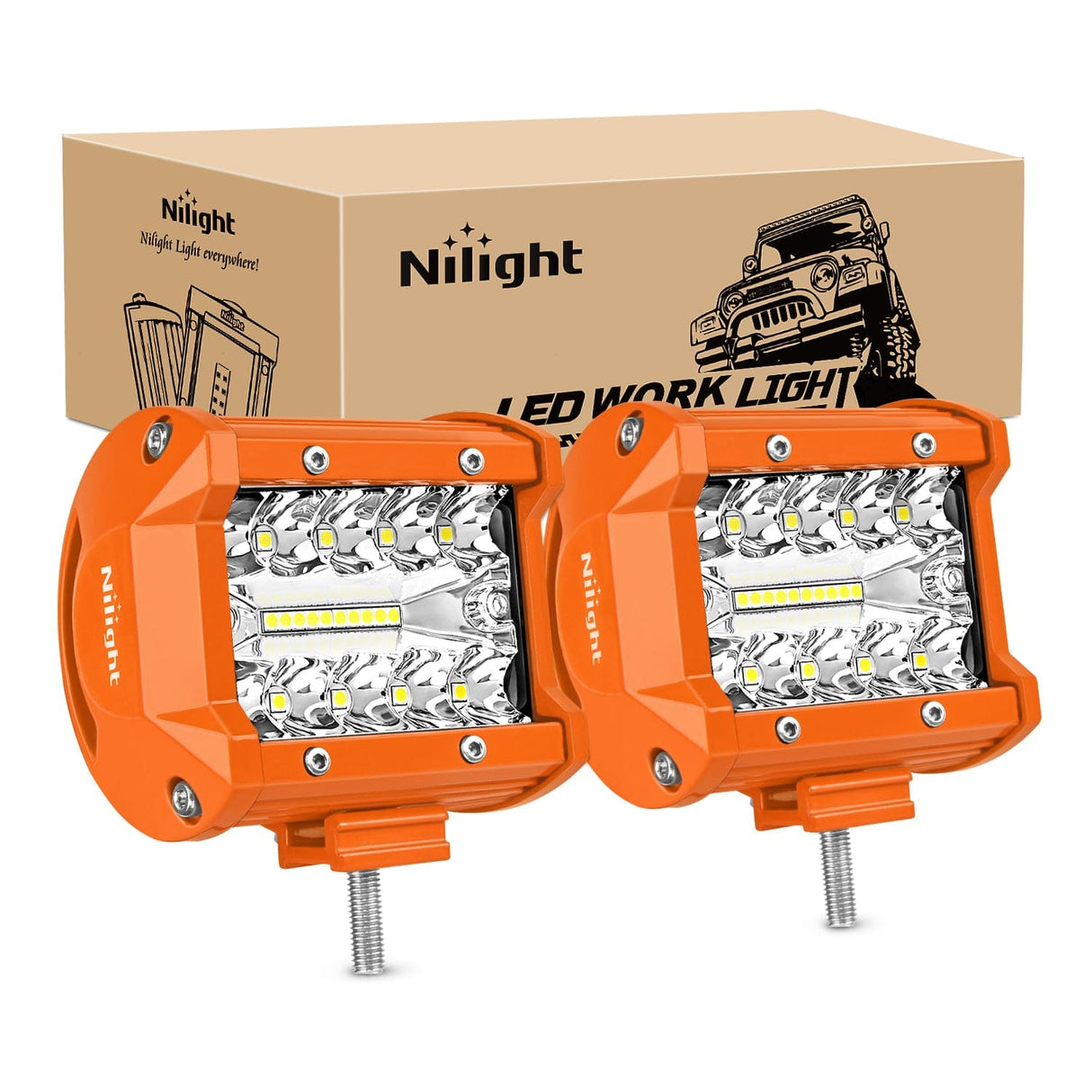 Nilight 2pc 4 Inch 20W Spot Flood Combo Orange Case Led Light Bar